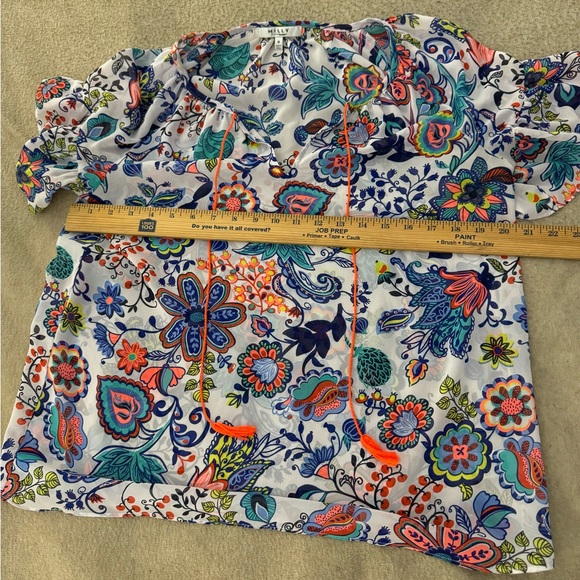 Milly Womans Peasant Top Size M Colorful Semi sheer Top Blouse Tassle Tie Shirt - Picture 5 of 8